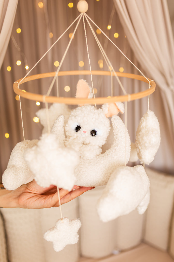Bunny on the moon baby mobile boucle clouds nursery decor