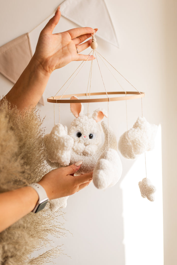 Bunny on the moon baby mobile boucle clouds nursery decor