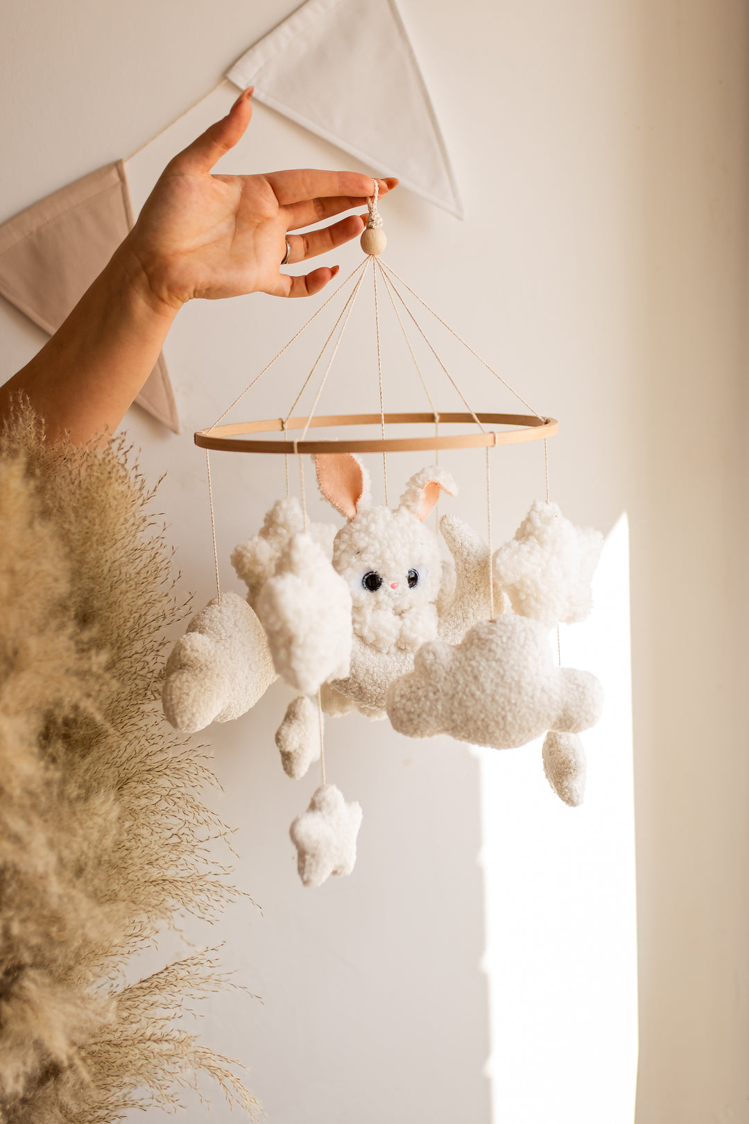 Bunny on the moon baby mobile boucle clouds nursery decor