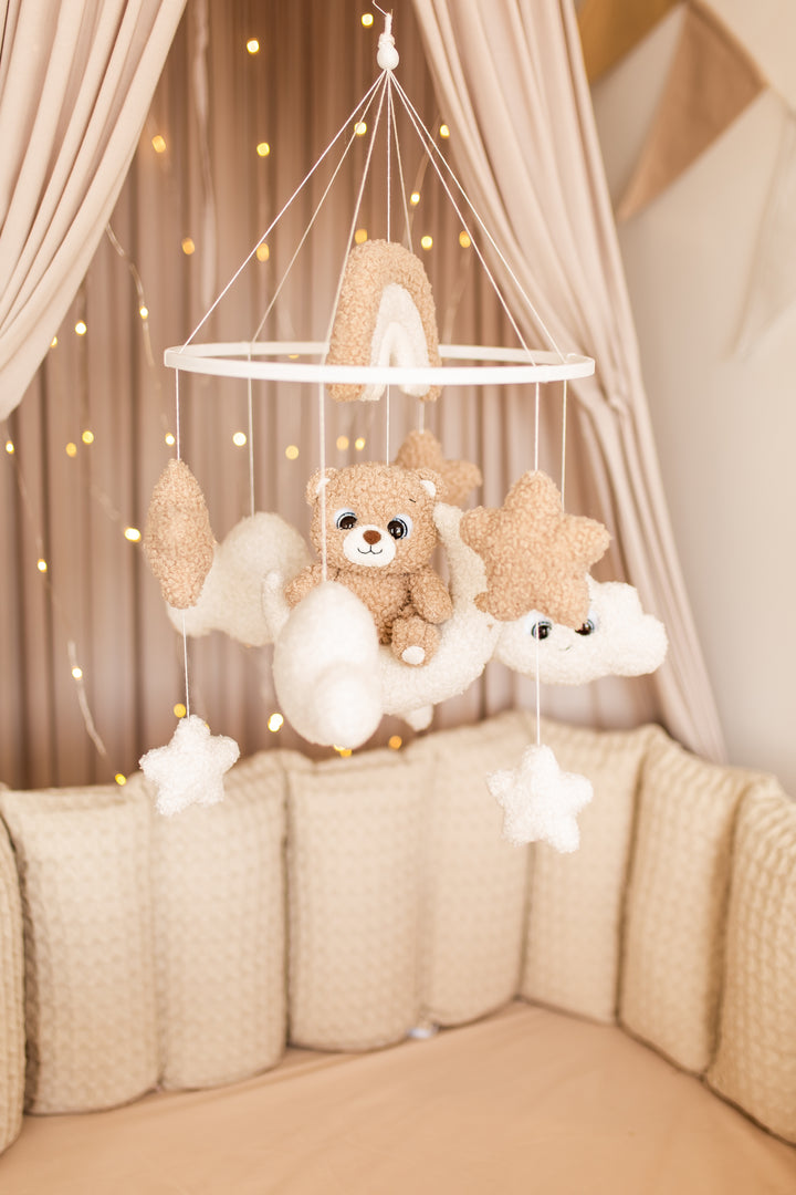 Bear Rainbow Baby Mobiles Boucle Stars Clouds Nursery Decor