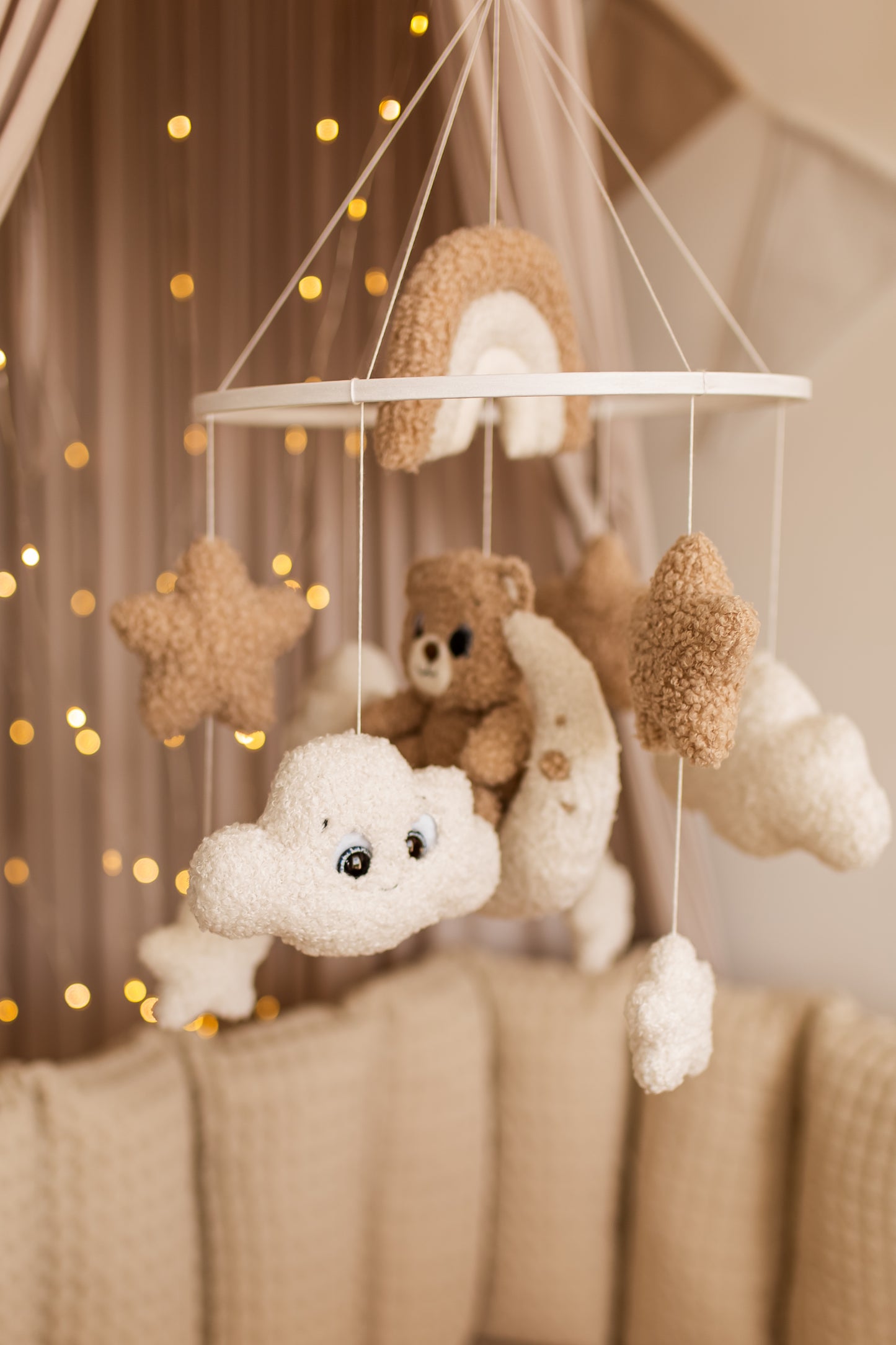 Bear baby mobile boucle stars clouds nursery decor