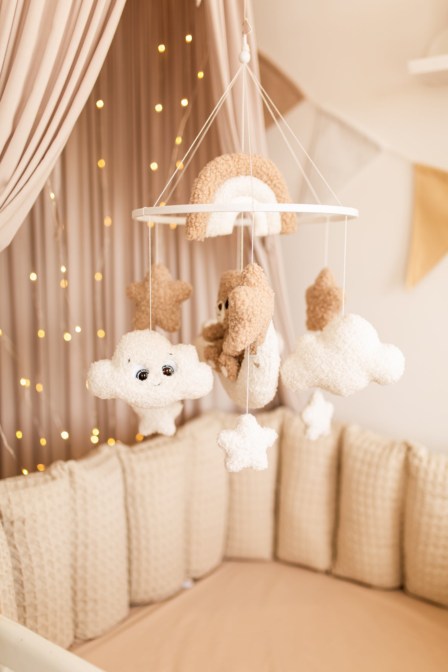 Bear baby mobile boucle stars clouds nursery decor