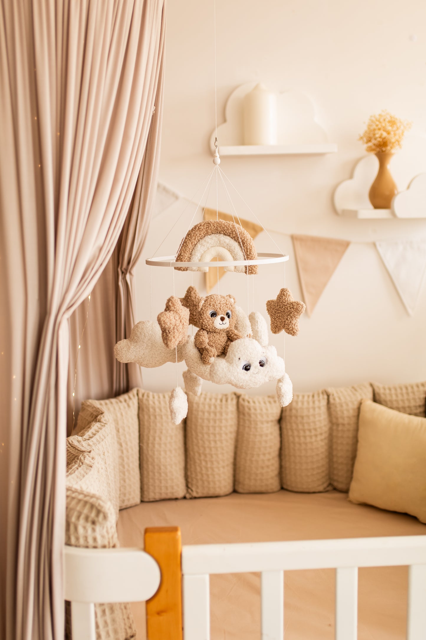 Bear baby mobile boucle stars clouds nursery decor