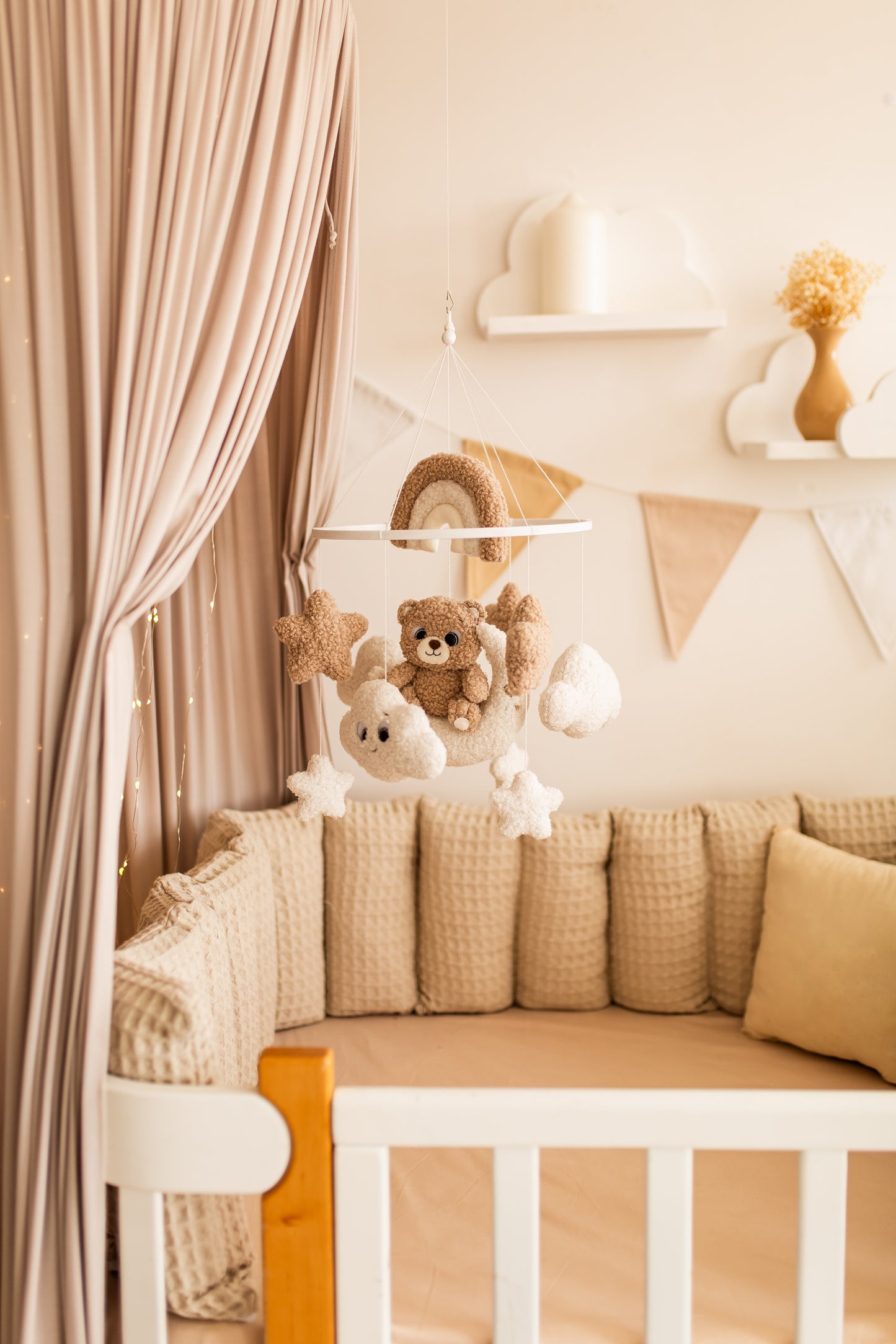 Bear baby mobile boucle stars clouds nursery decor