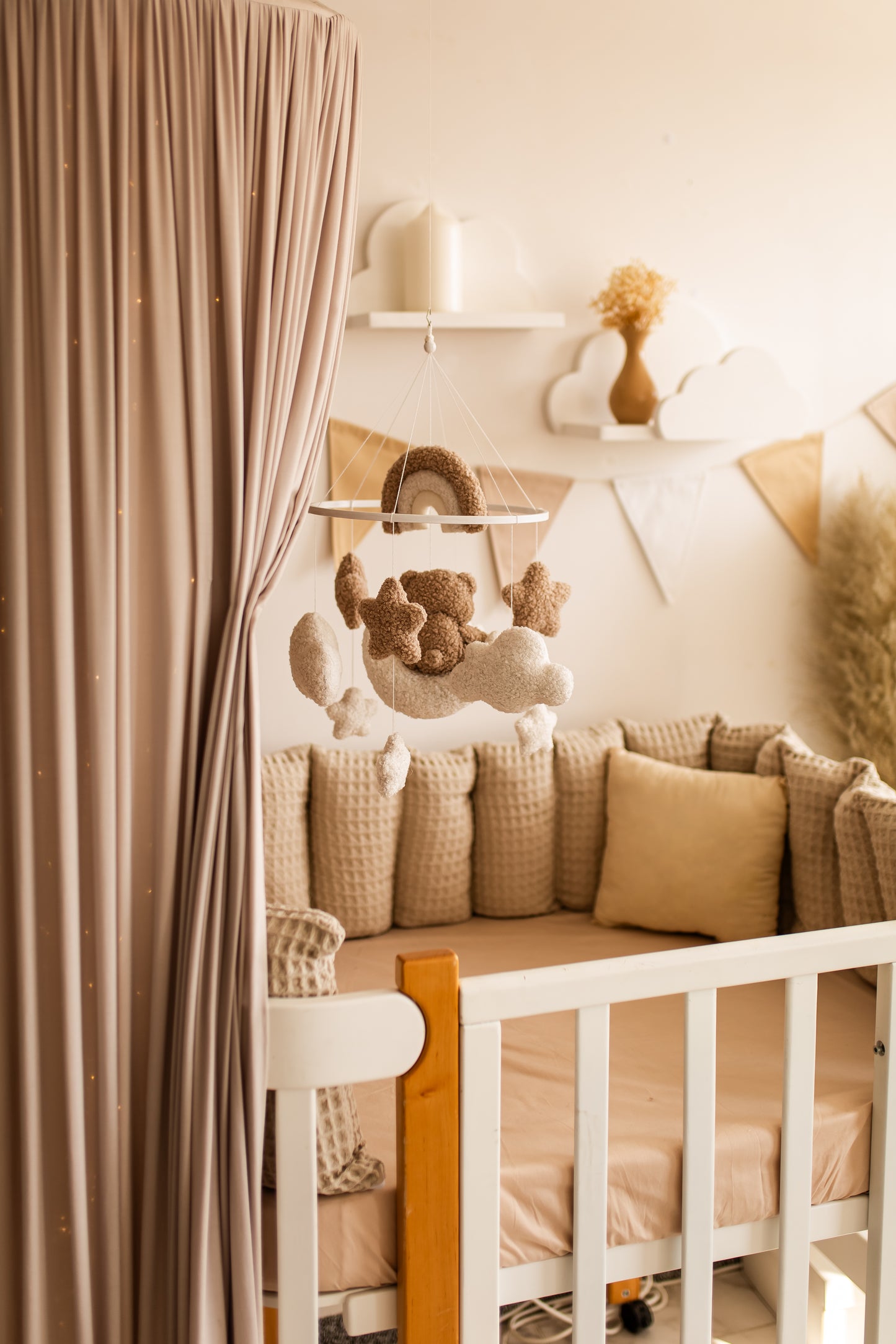 Bear baby mobile boucle stars clouds nursery decor