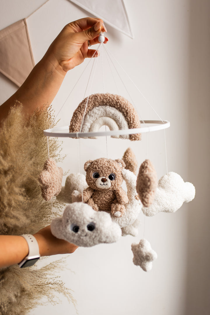 Bear Rainbow Baby Mobiles Boucle Stars Clouds Nursery Decor