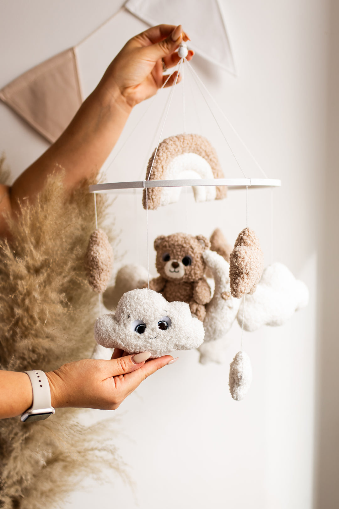 Bear Rainbow Baby Mobiles Boucle Stars Clouds Nursery Decor