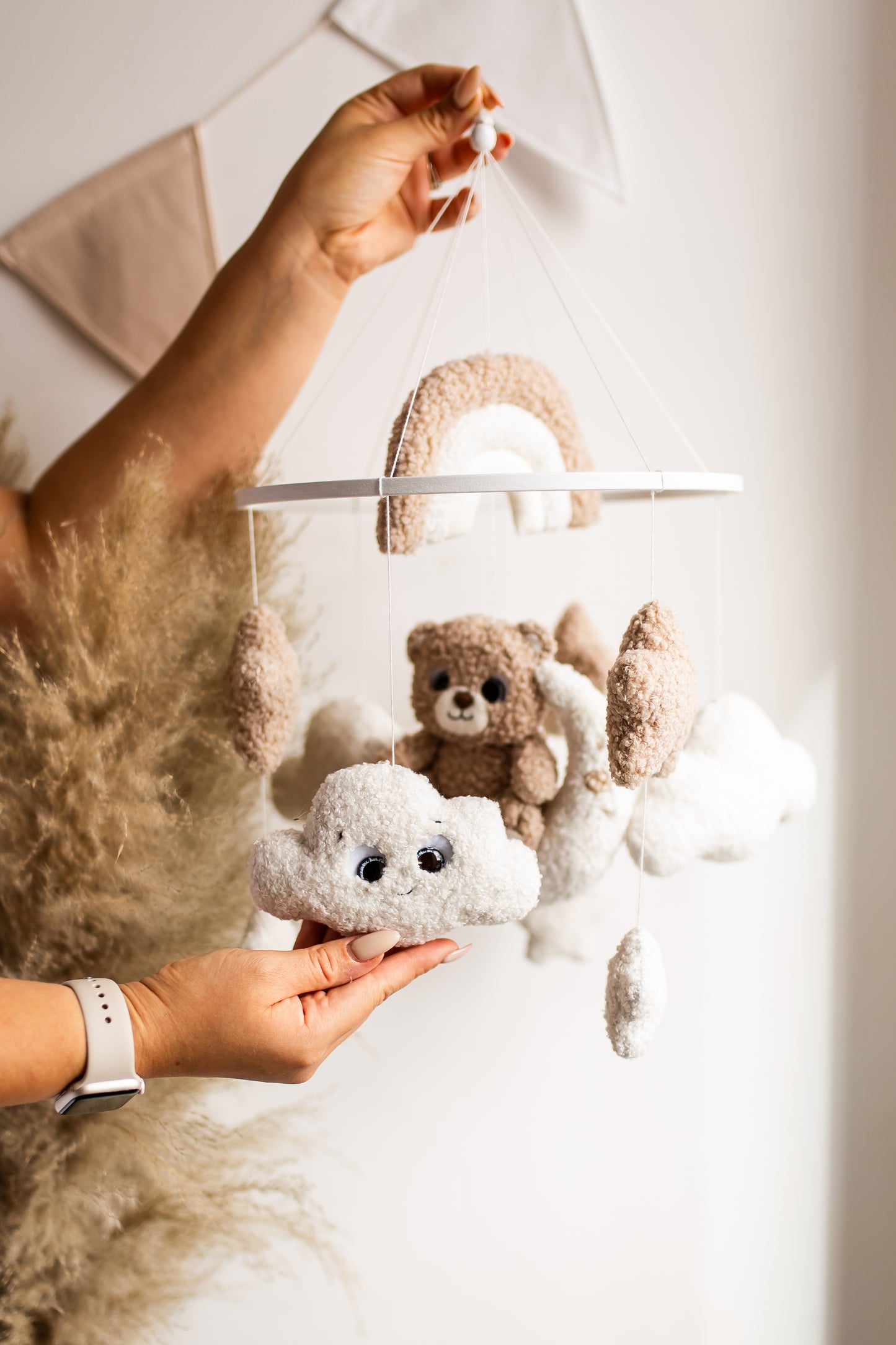 Bear baby mobile boucle stars clouds nursery decor