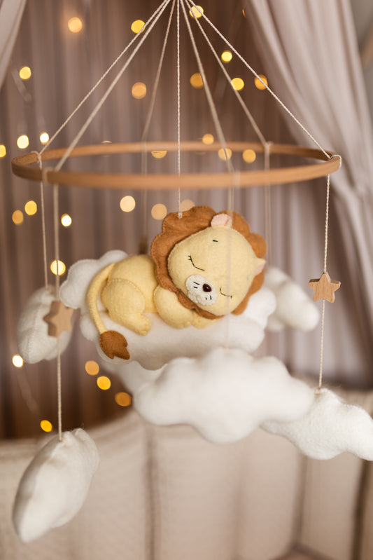 Sleepy Lion Baby Mobile – Safari Nursery Mobile with Clouds