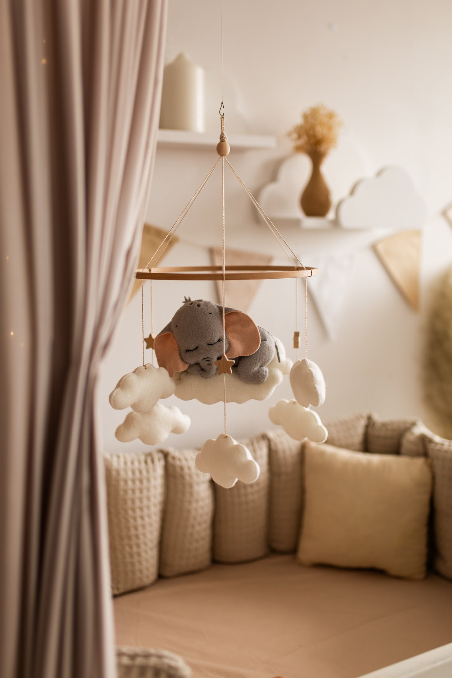 Sleepy Elephant Baby Mobile – Safari Nursery Mobile with Clouds
