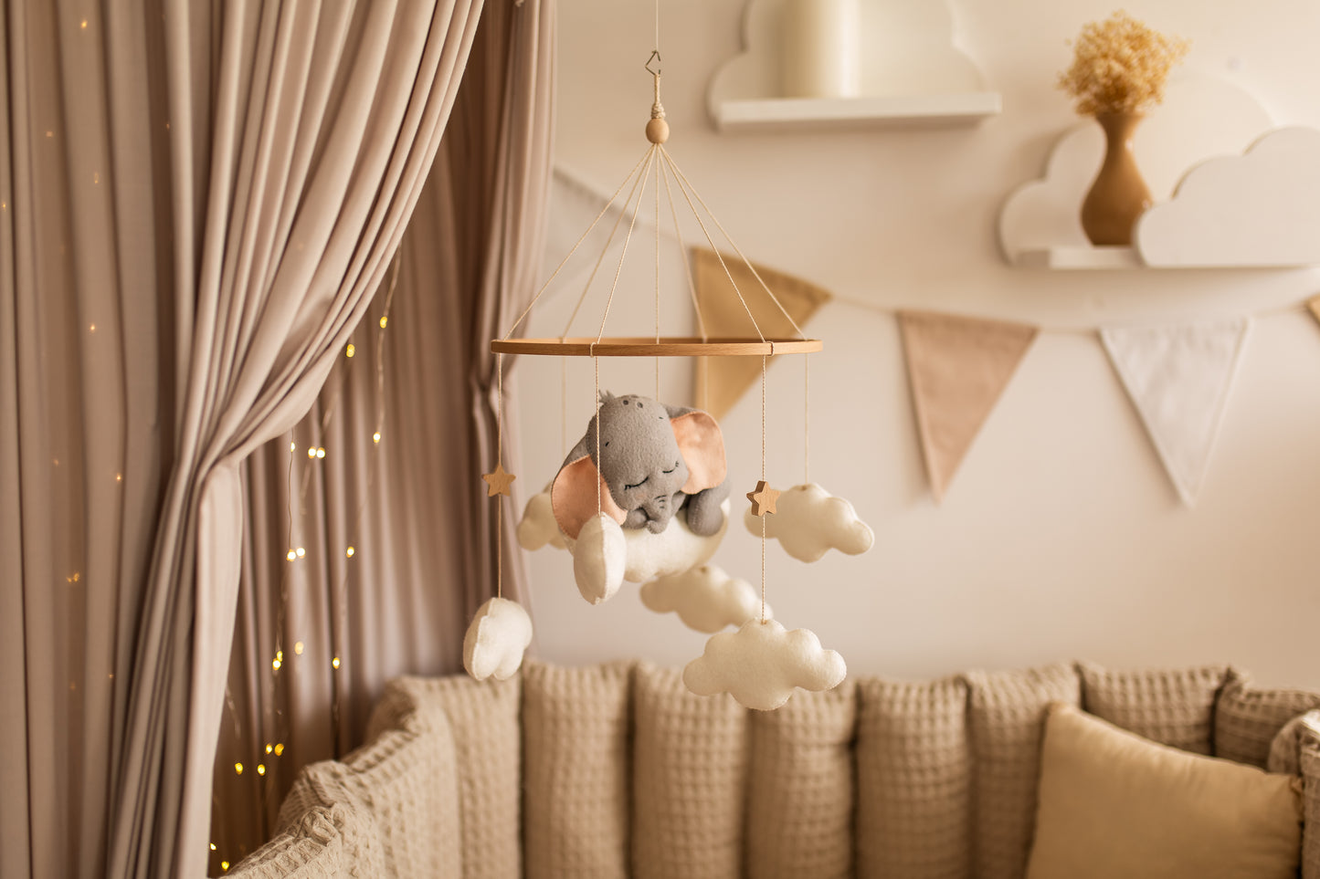 Sleepy Elephant Baby Mobile – Safari Nursery Mobile with Clouds