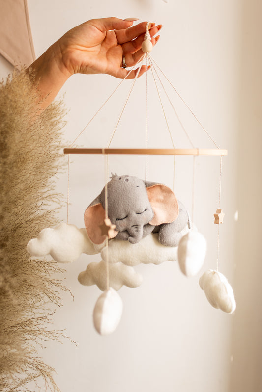 Sleepy Elephant Baby Mobile – Safari Nursery Mobile with Clouds