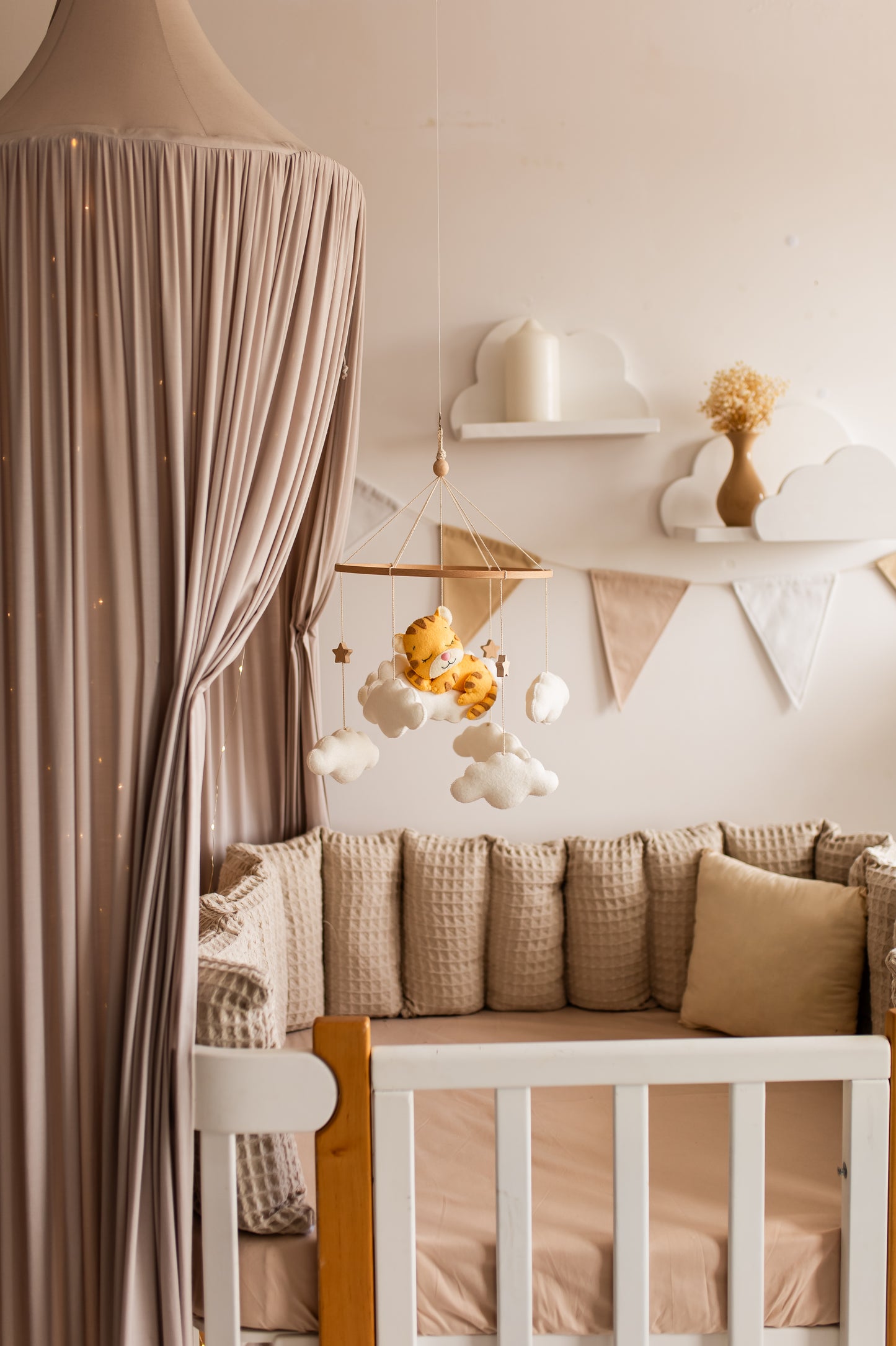 Sleepy Tiger Baby Mobile – Safari Nursery Mobile with Clouds