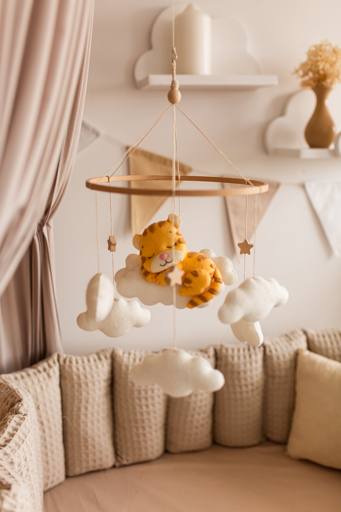 Sleepy Tiger Baby Mobile – Safari Nursery Mobile with Clouds