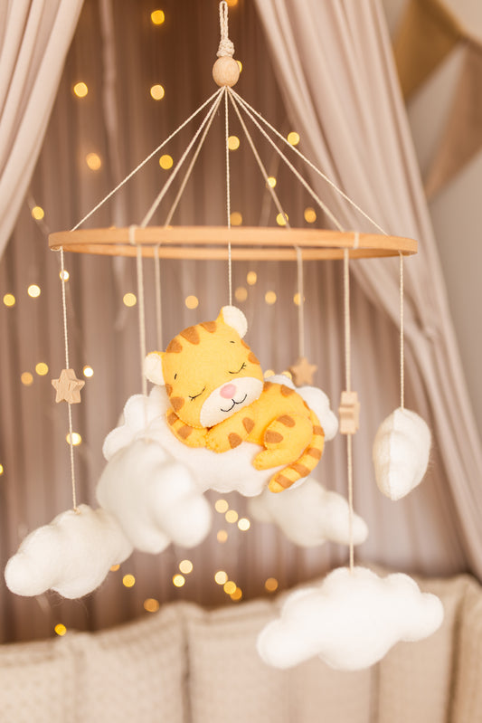 Sleepy Tiger Baby Mobile – Safari Nursery Mobile with Clouds