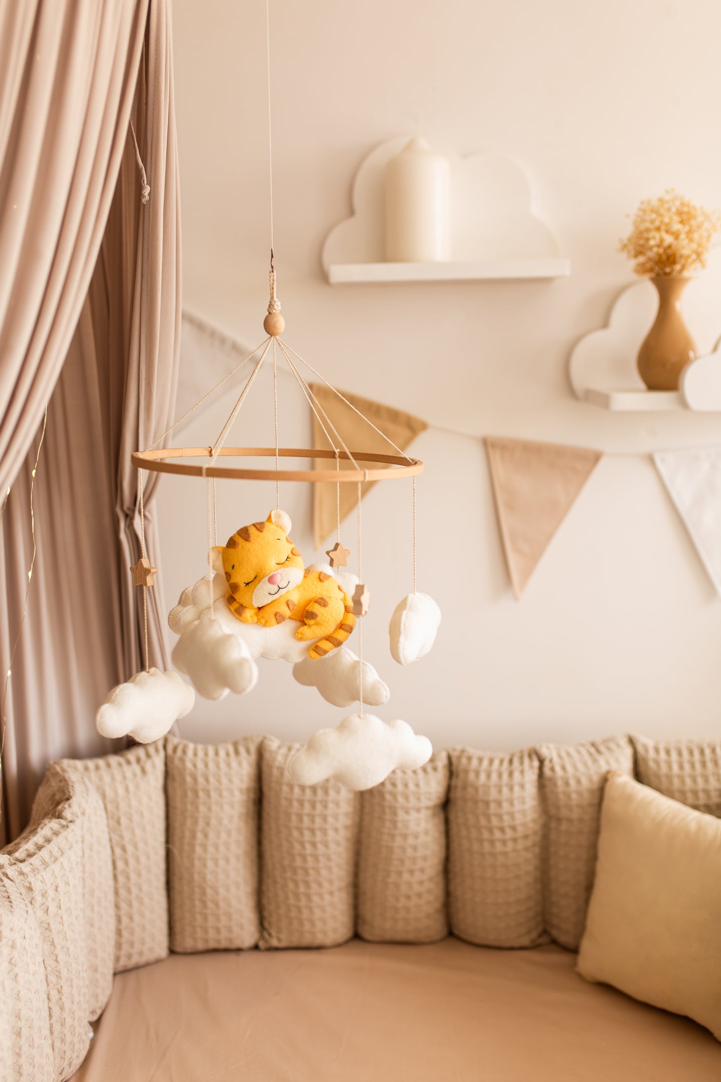 Sleepy Tiger Baby Mobile – Safari Nursery Mobile with Clouds