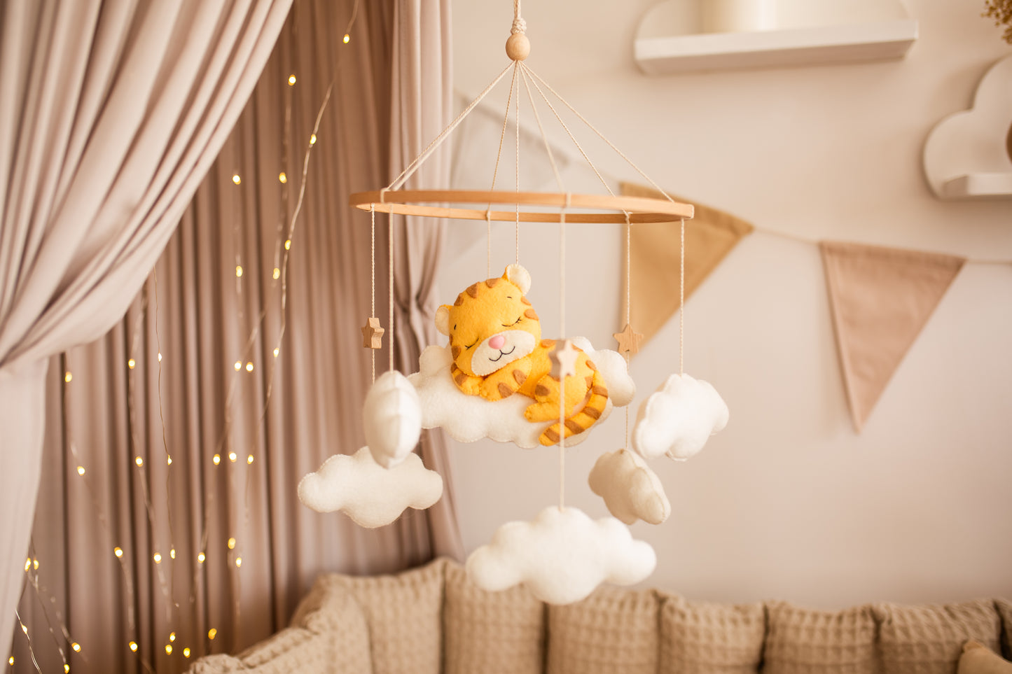 Sleepy Tiger Baby Mobile – Safari Nursery Mobile with Clouds