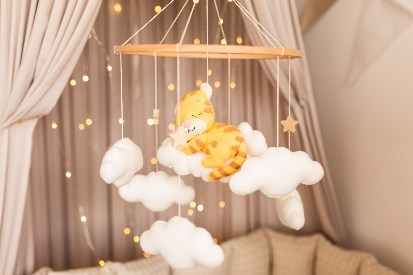 Sleepy Tiger Baby Mobile – Safari Nursery Mobile with Clouds