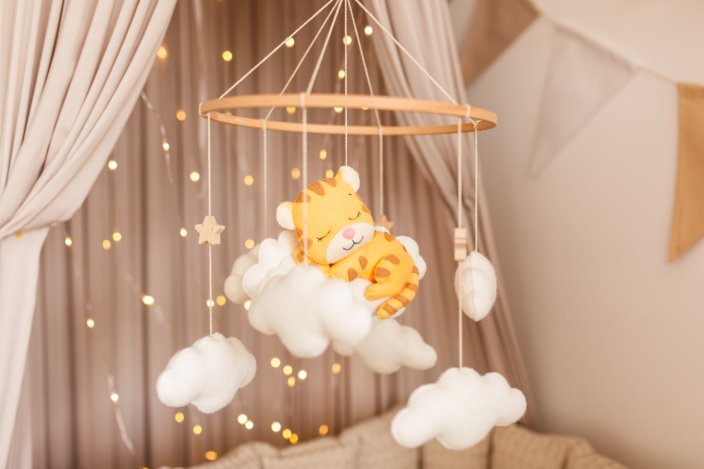 Sleepy Tiger Baby Mobile – Safari Nursery Mobile with Clouds