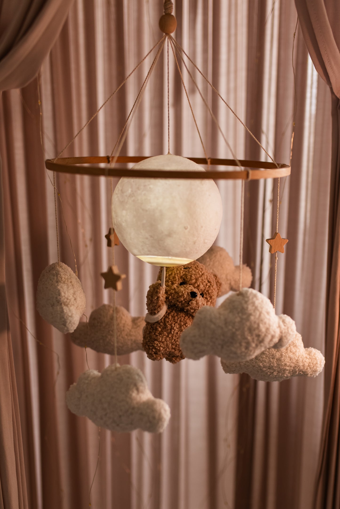 Nursery night light bear on moon baby crib mobile
