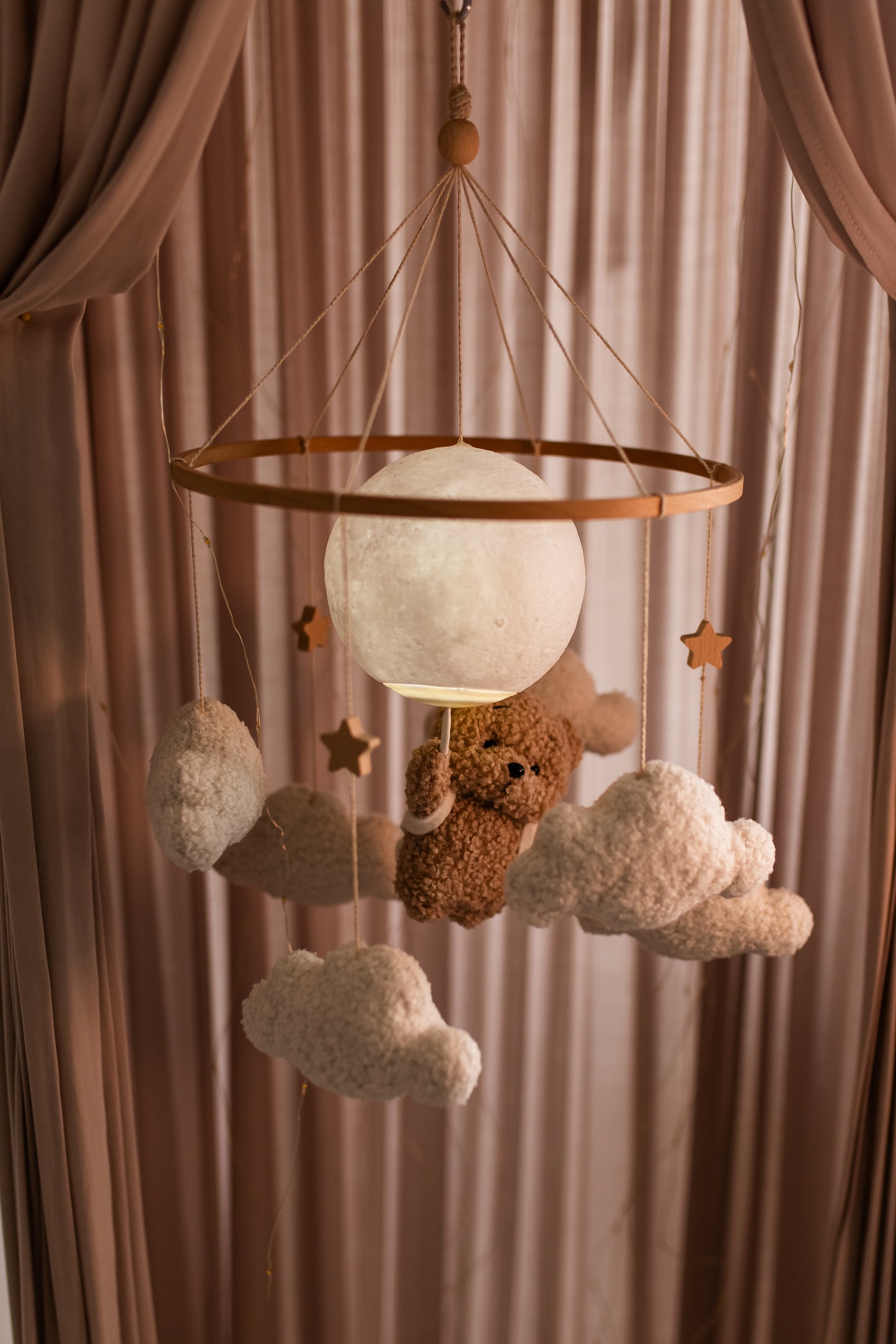 Nursery night light bear on moon baby crib mobile