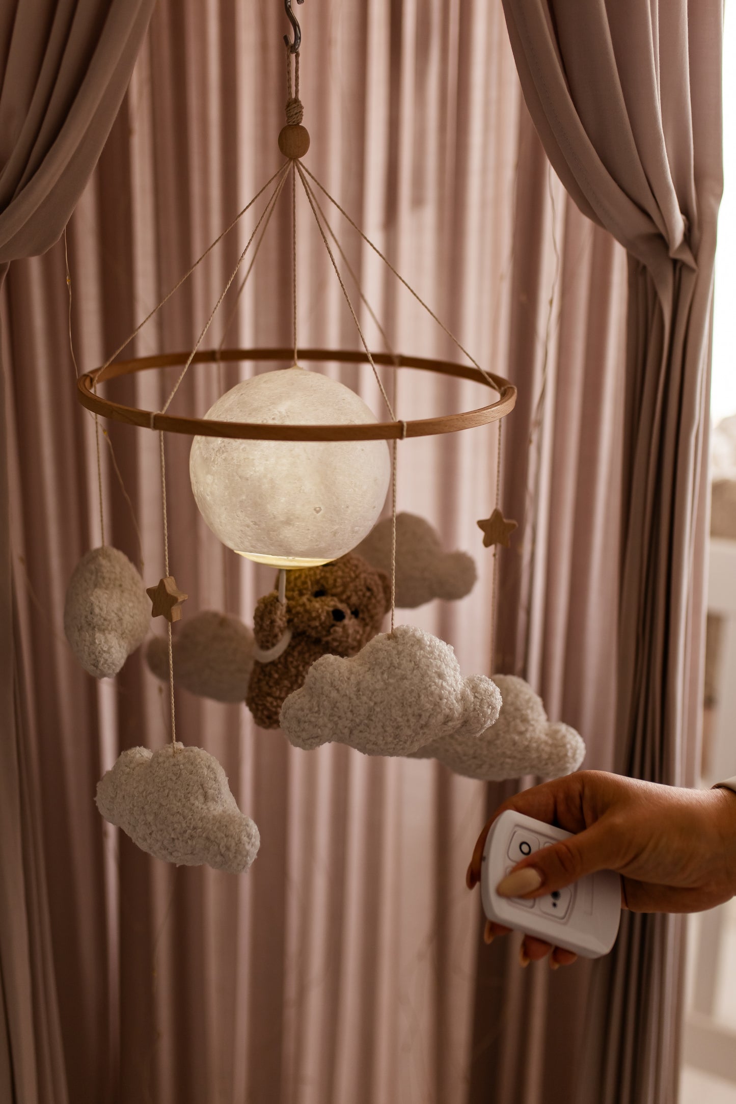 Nursery night light bear on moon baby crib mobile