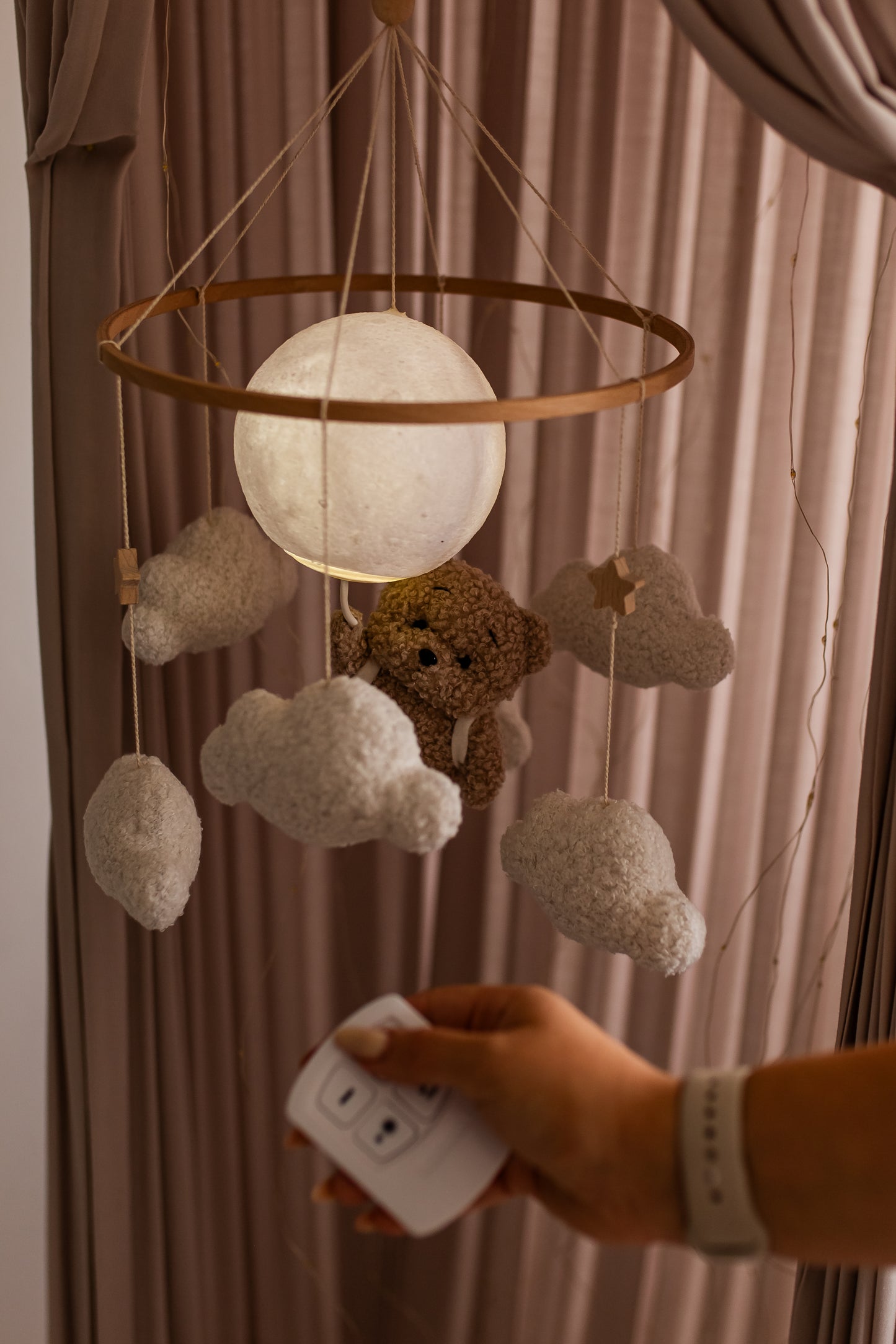 Nursery night light bear on moon baby crib mobile