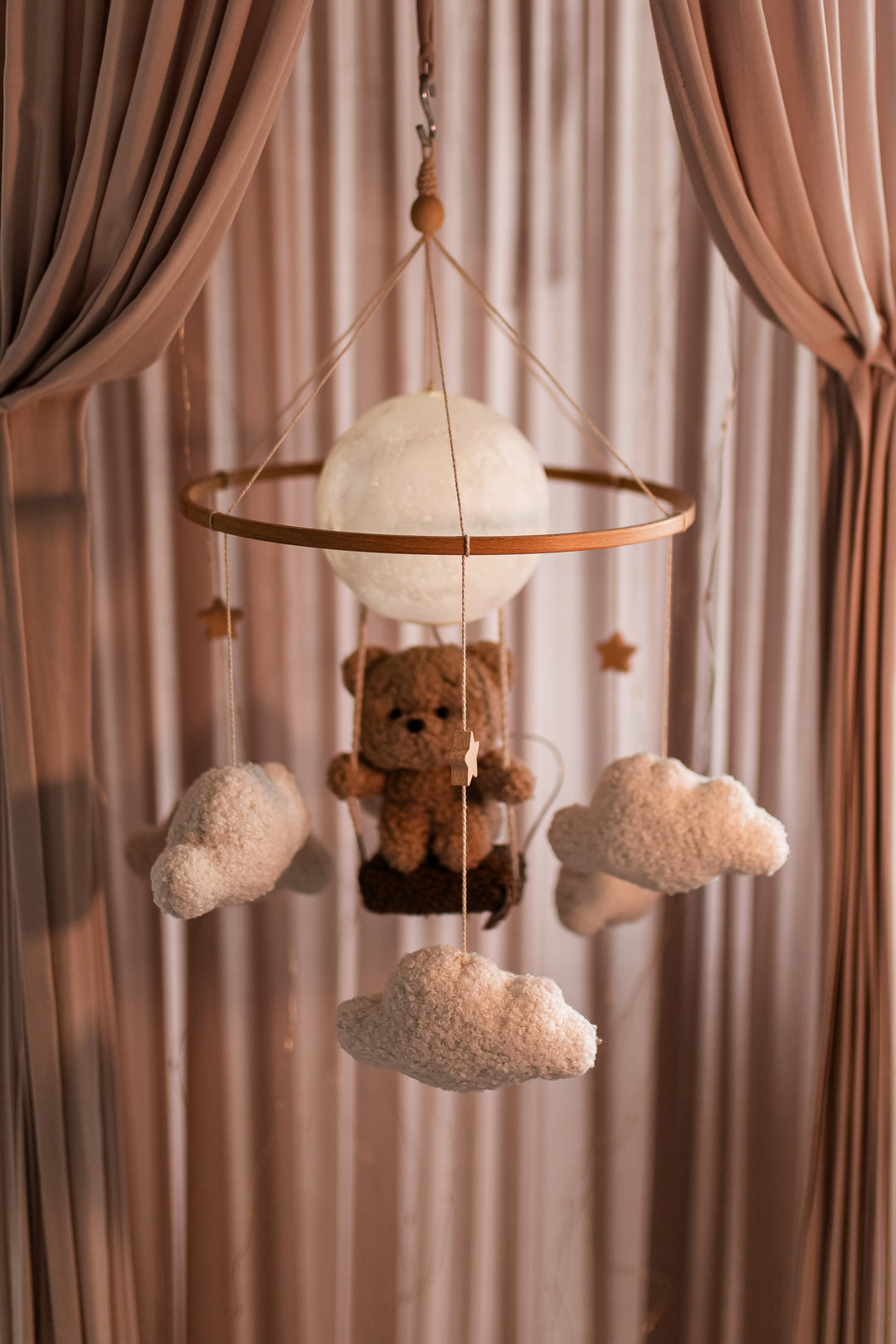 Nursery night light teddy bear on a swing baby crib mobile