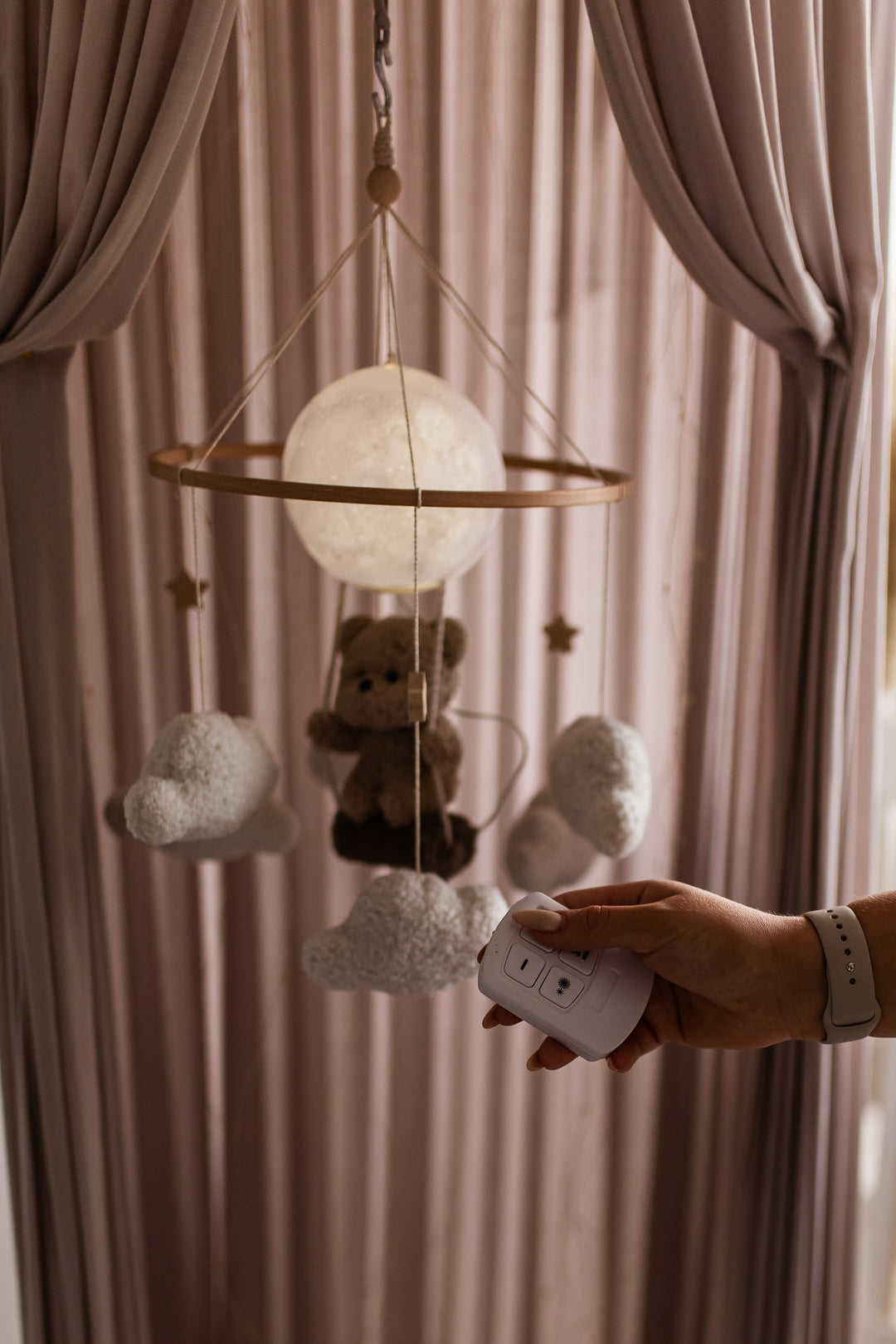 Nursery night light teddy bear on a swing baby crib mobile