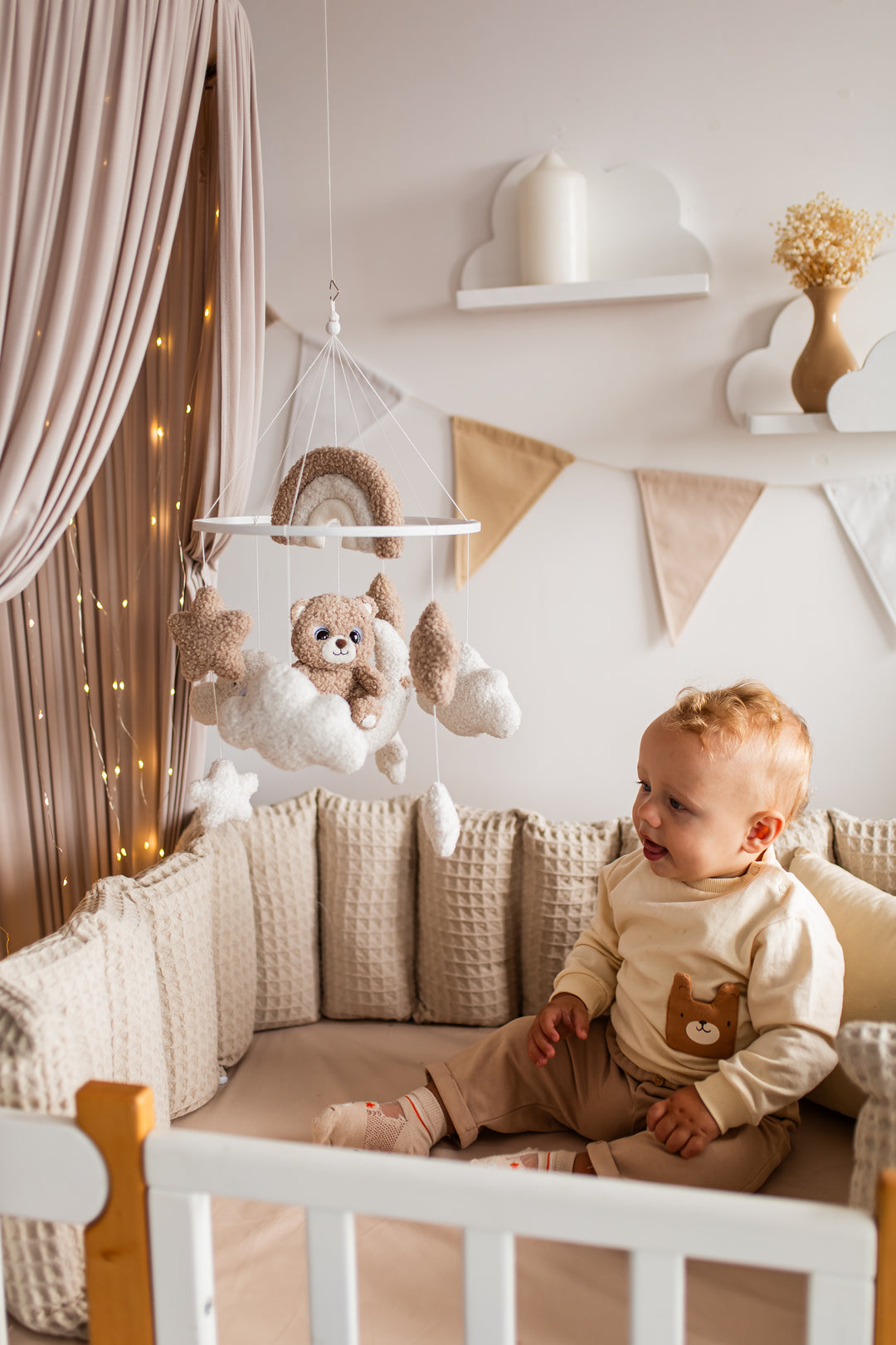 Bear Rainbow Baby Mobiles Boucle Stars Clouds Nursery Decor