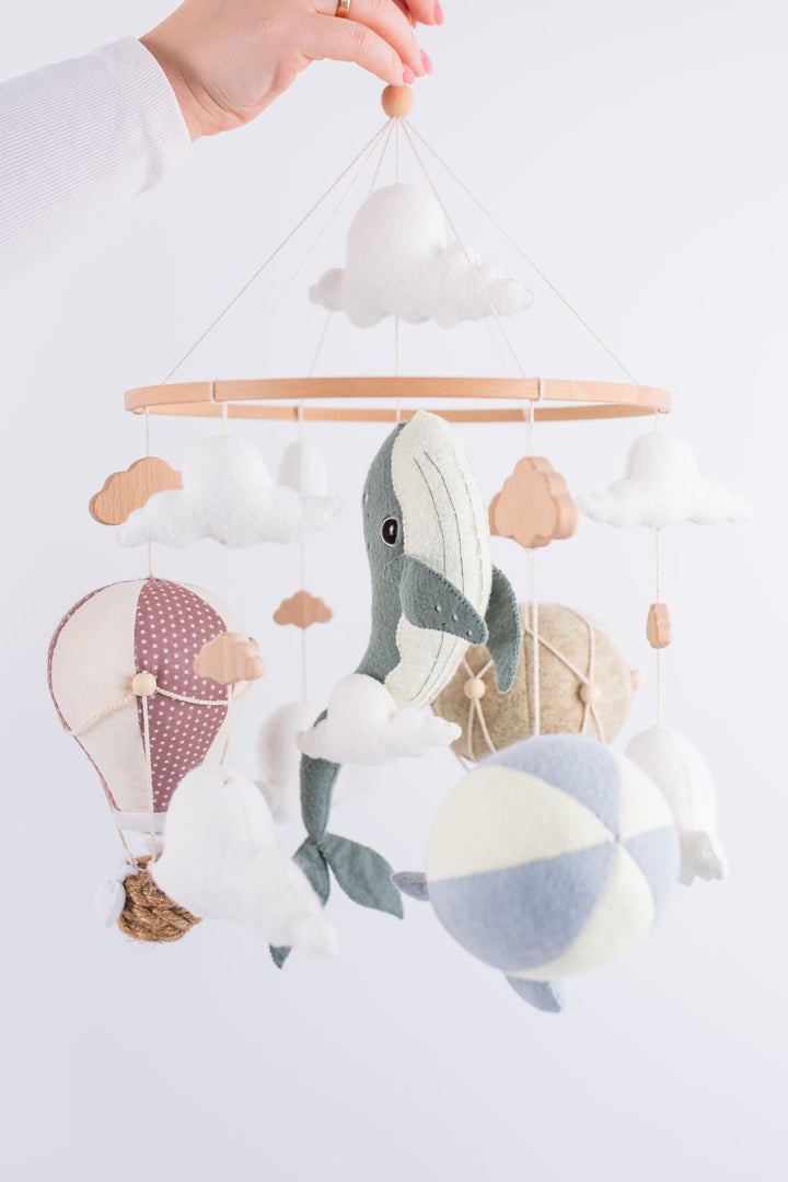 Whale Baby Crib Mobile — Ocean Nursery Hot Air Balloon Mobile