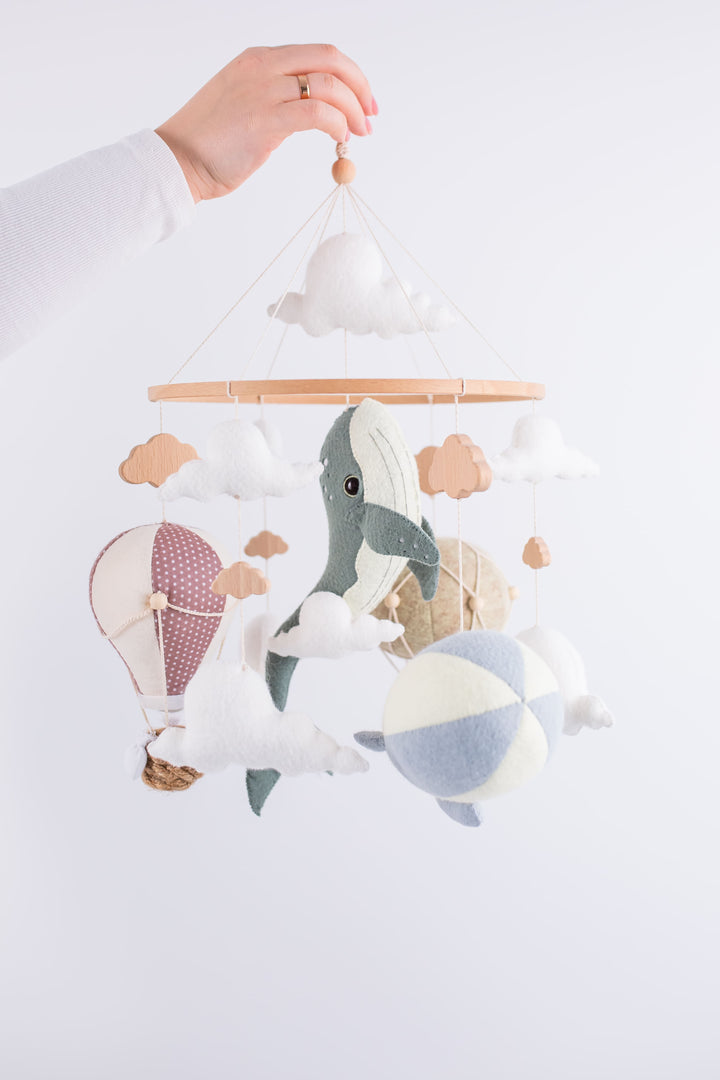 Whale Baby Crib Mobile — Ocean Nursery Hot Air Balloon Mobile