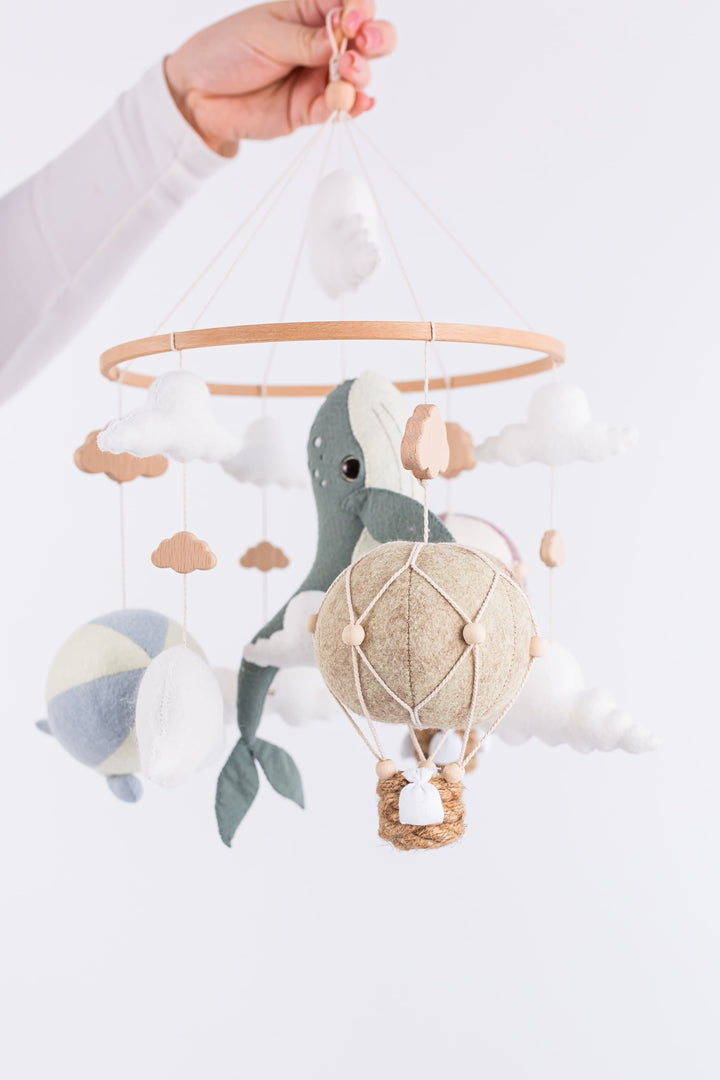 Whale Baby Crib Mobile — Ocean Nursery Hot Air Balloon Mobile