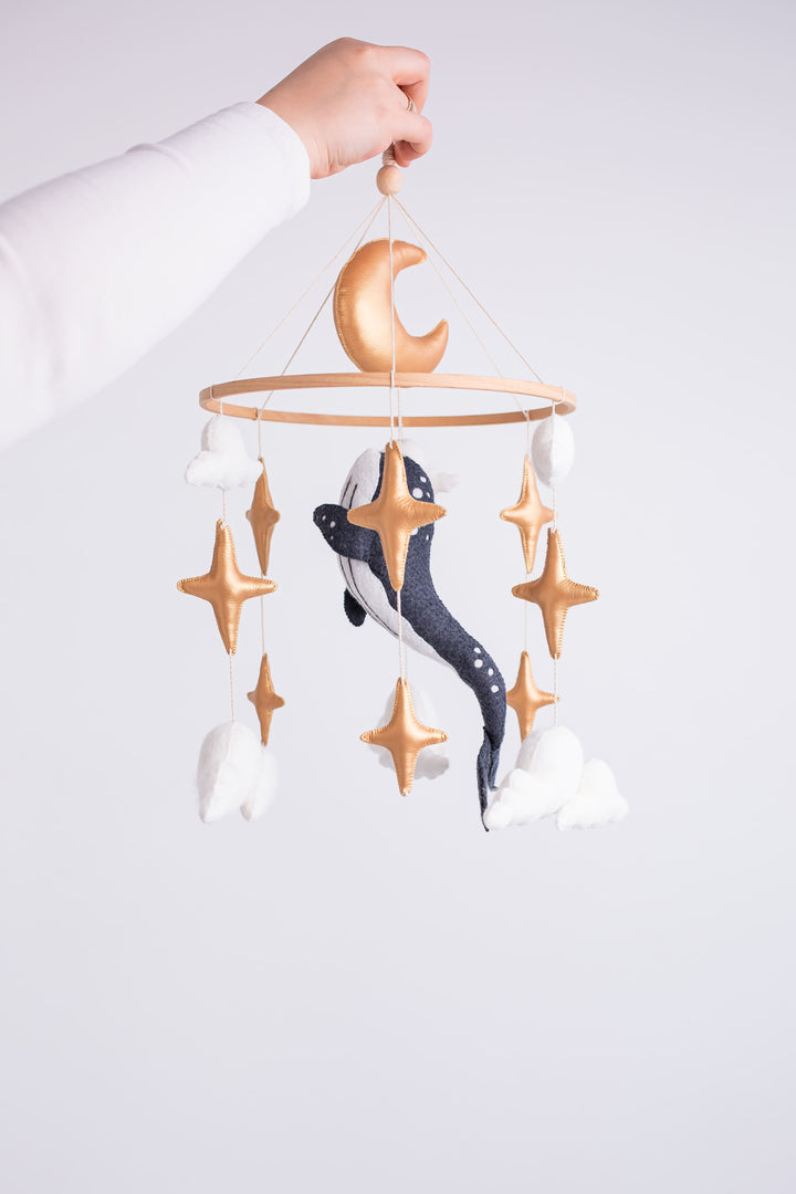 Whale Baby Mobile with Golden Stars — Moon Nursery Crib Mobile