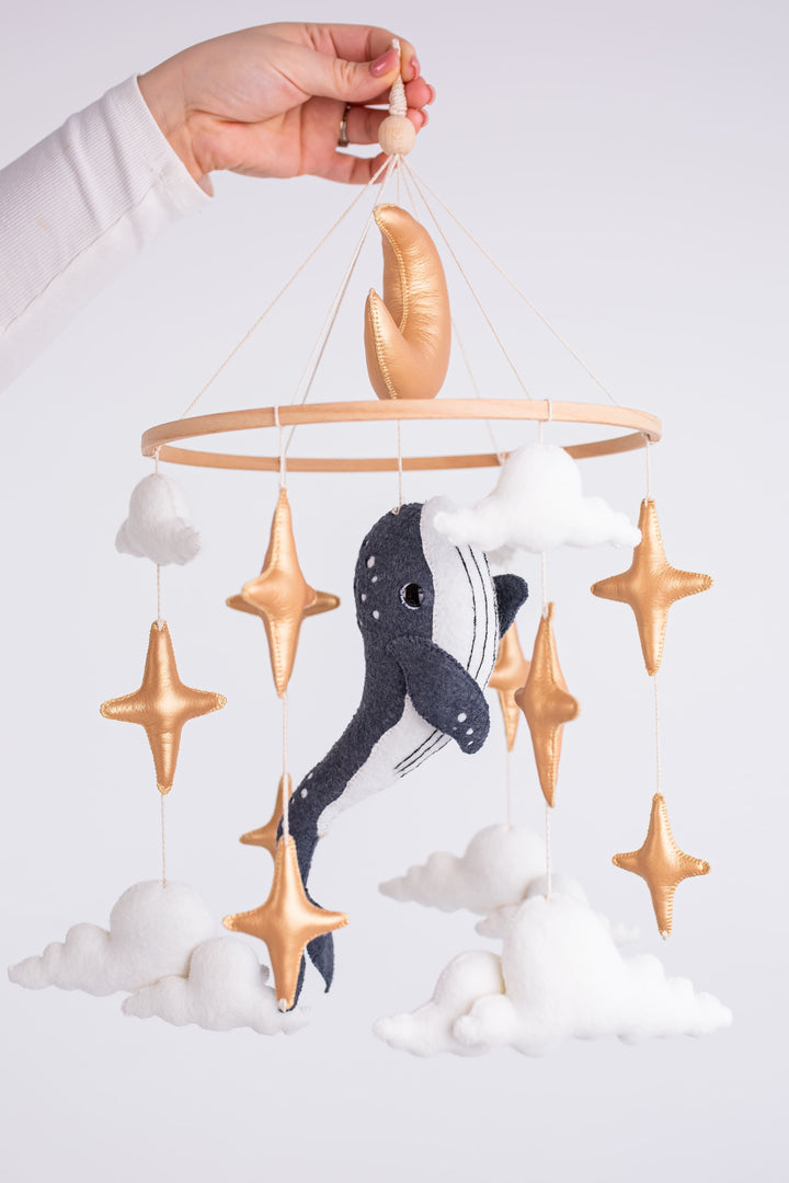 Whale Baby Mobile with Golden Stars — Moon Nursery Crib Mobile