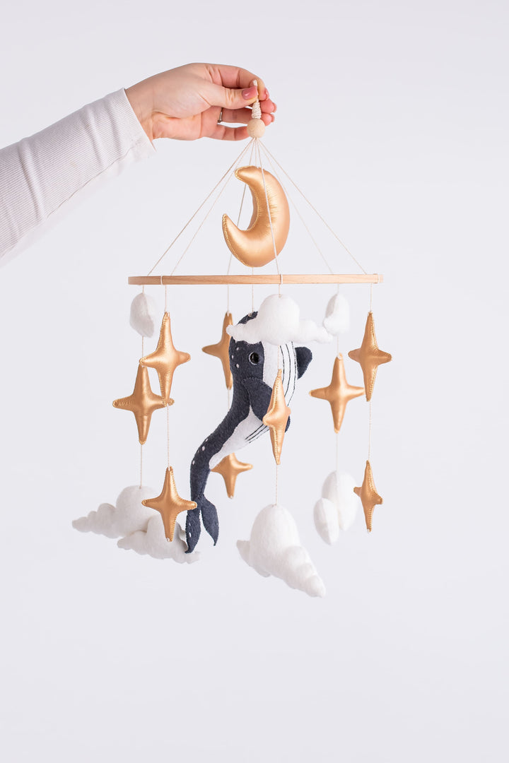 Whale Baby Mobile with Golden Stars — Moon Nursery Crib Mobile
