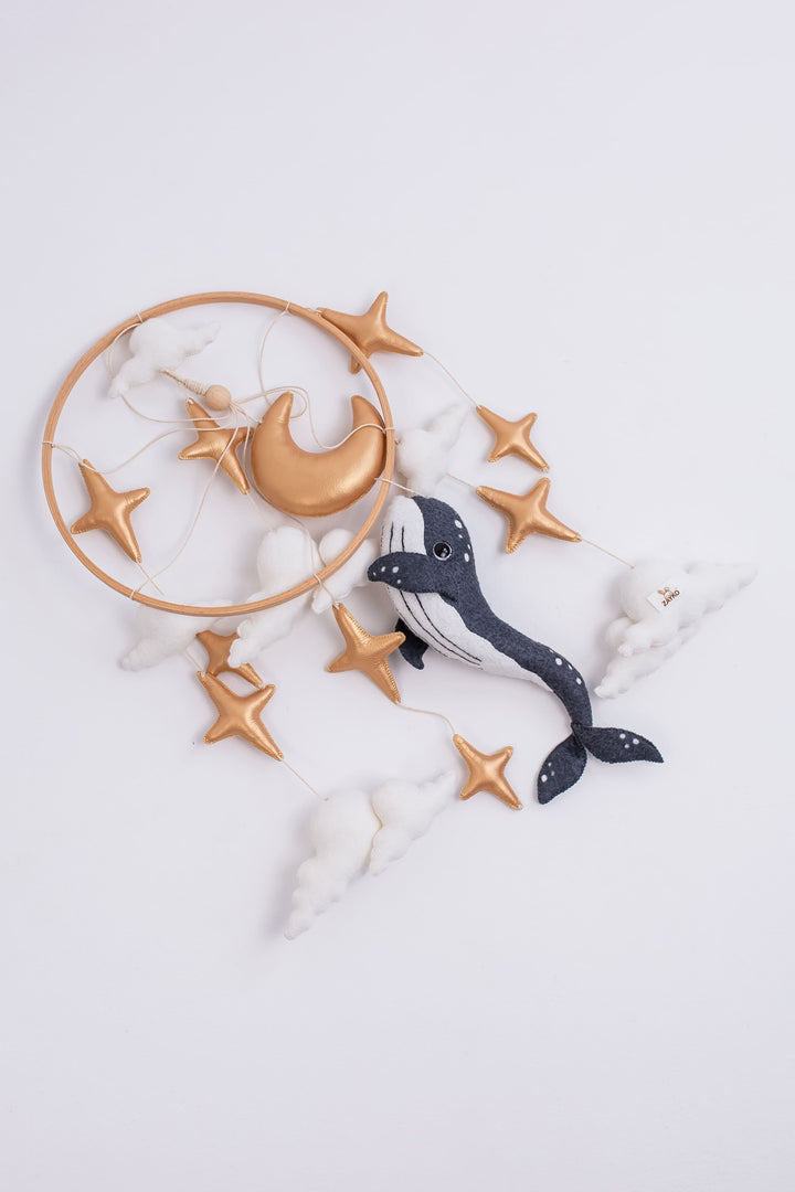 Whale Baby Mobile with Golden Stars — Moon Nursery Crib Mobile