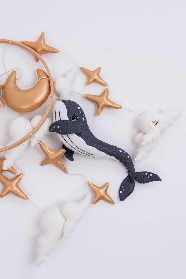 Whale Baby Mobile with Golden Stars — Moon Nursery Crib Mobile