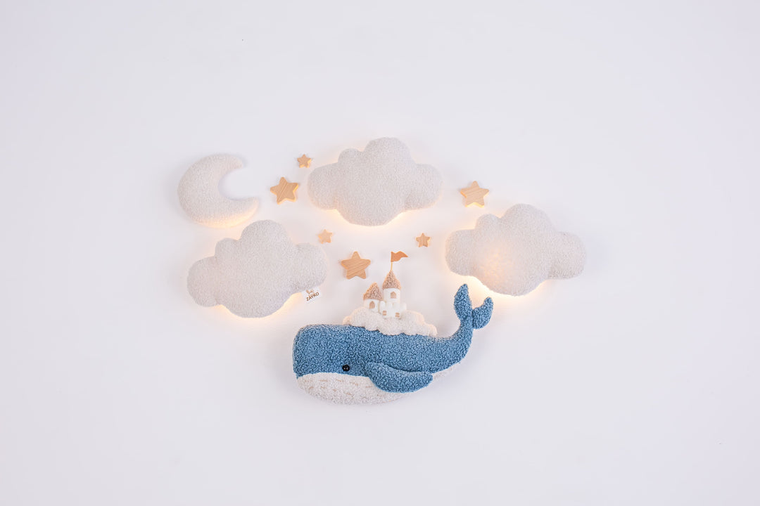 Whale Nursery Wall Light Set with Clouds, Moon and Stars