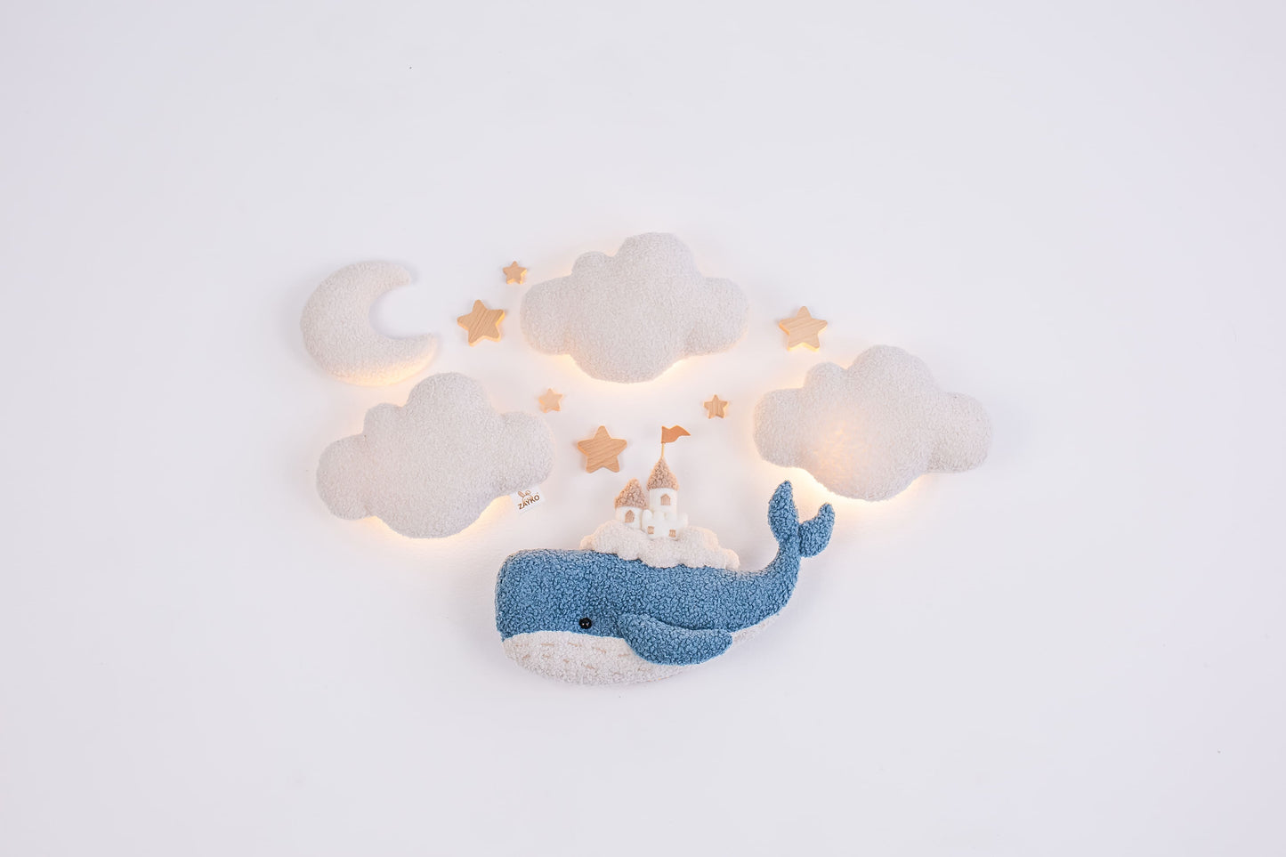 Whale Nursery Wall Light Set with Clouds, Moon and Stars
