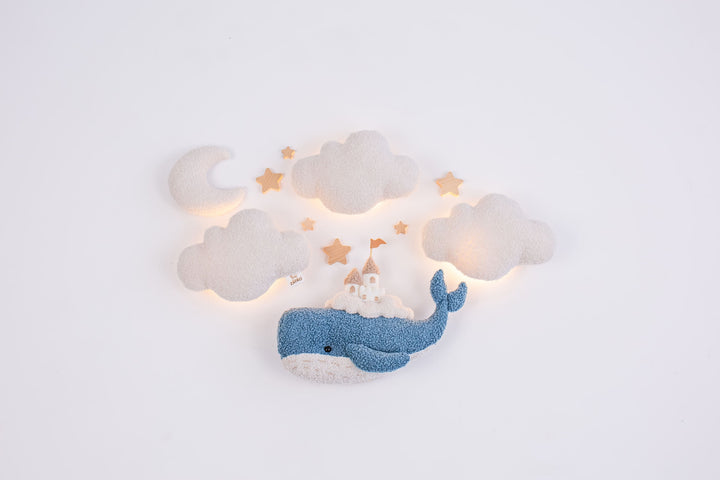 Whale Nursery Wall Light Set with Clouds, Moon and Stars