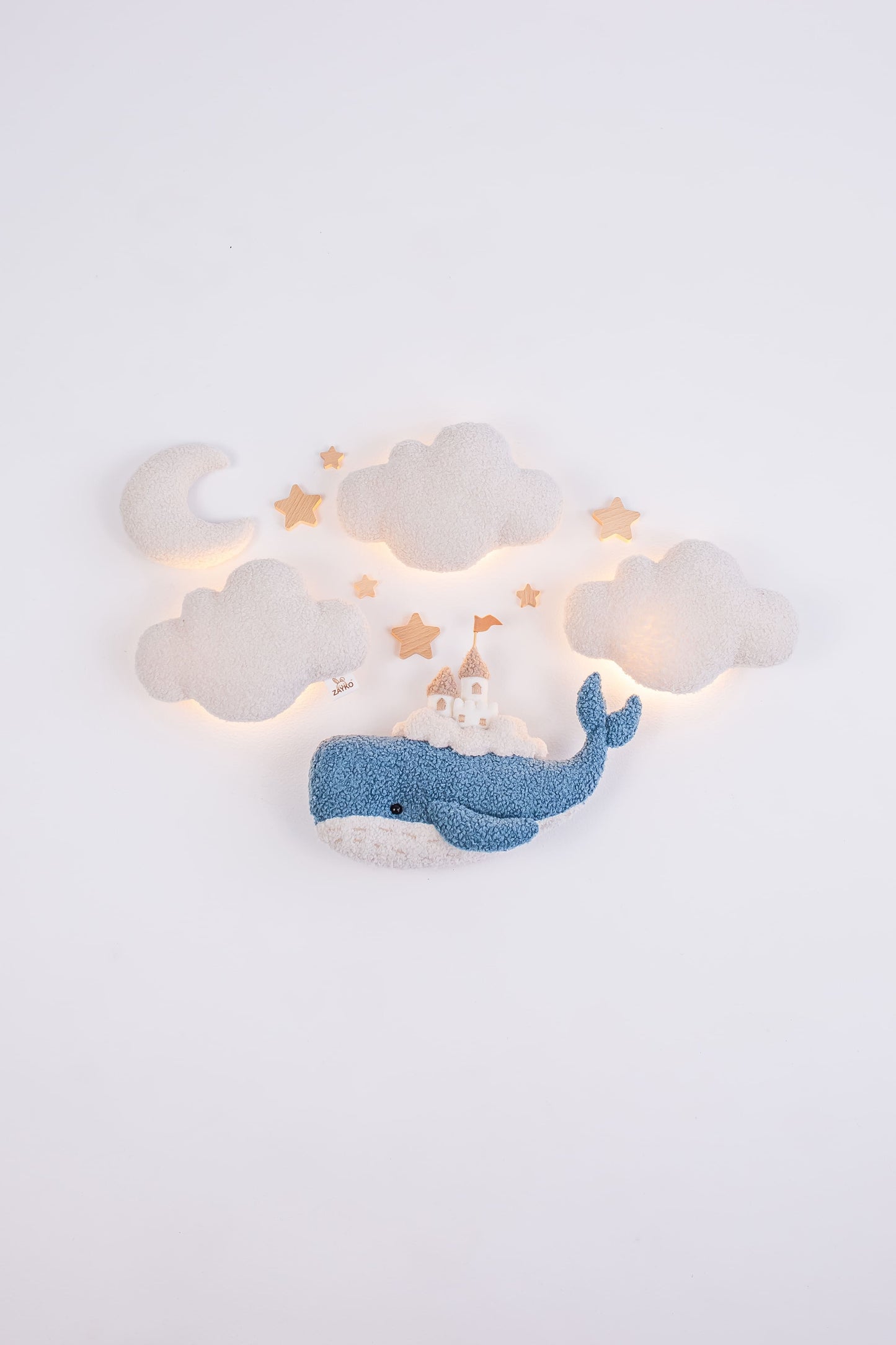 Whale Nursery Wall Light Set with Clouds, Moon and Stars