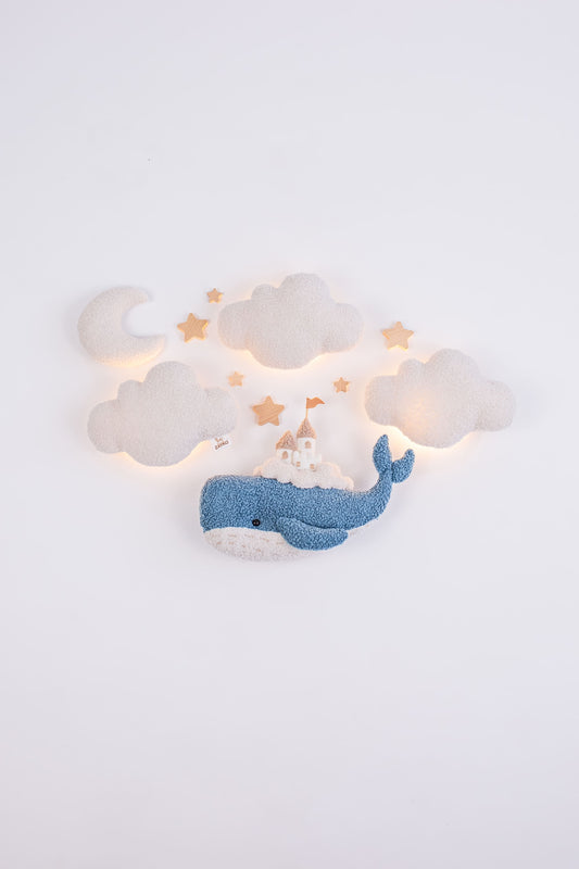 Whale Nursery Wall Light Set with Clouds, Moon and Stars