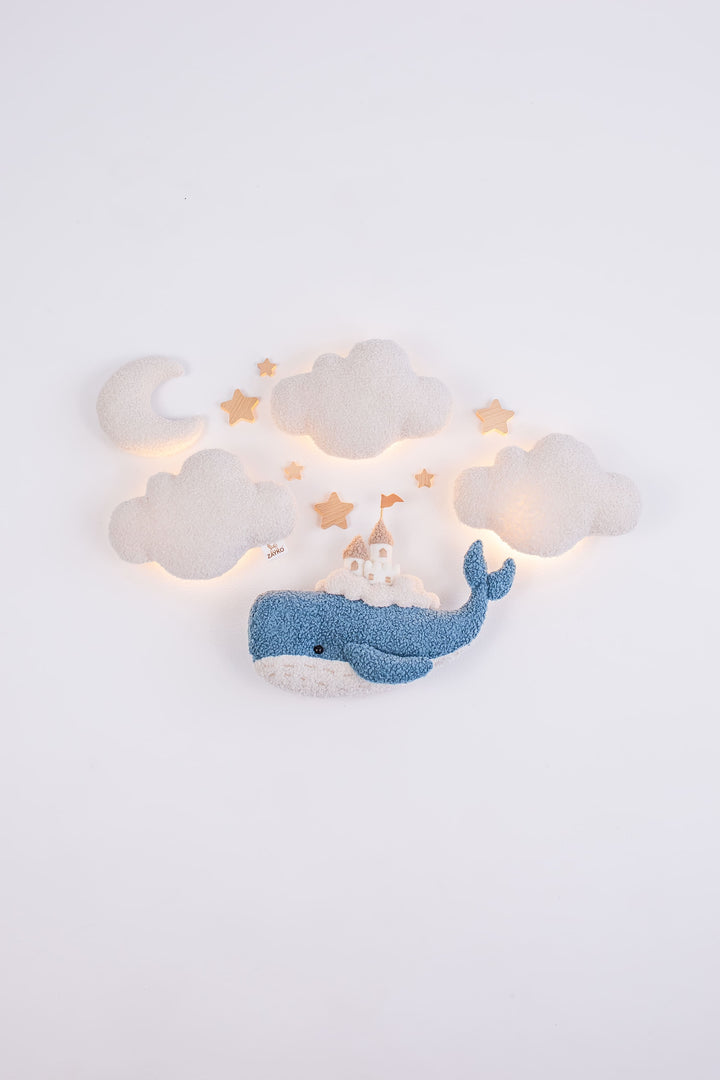 Whale Nursery Wall Light Set with Clouds, Moon and Stars