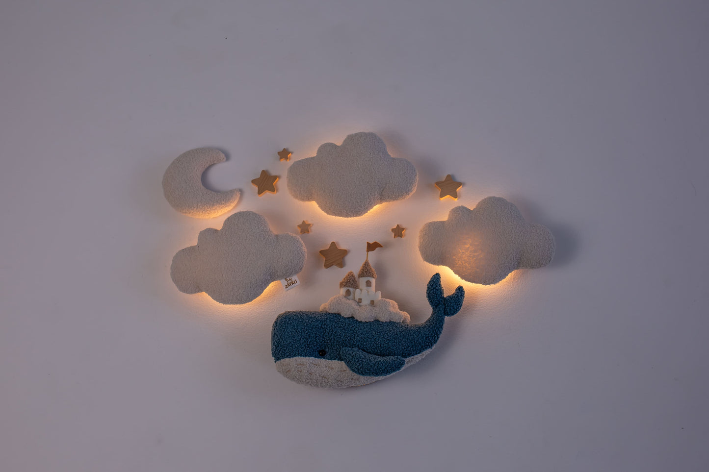 Whale Nursery Wall Light Set with Clouds, Moon and Stars