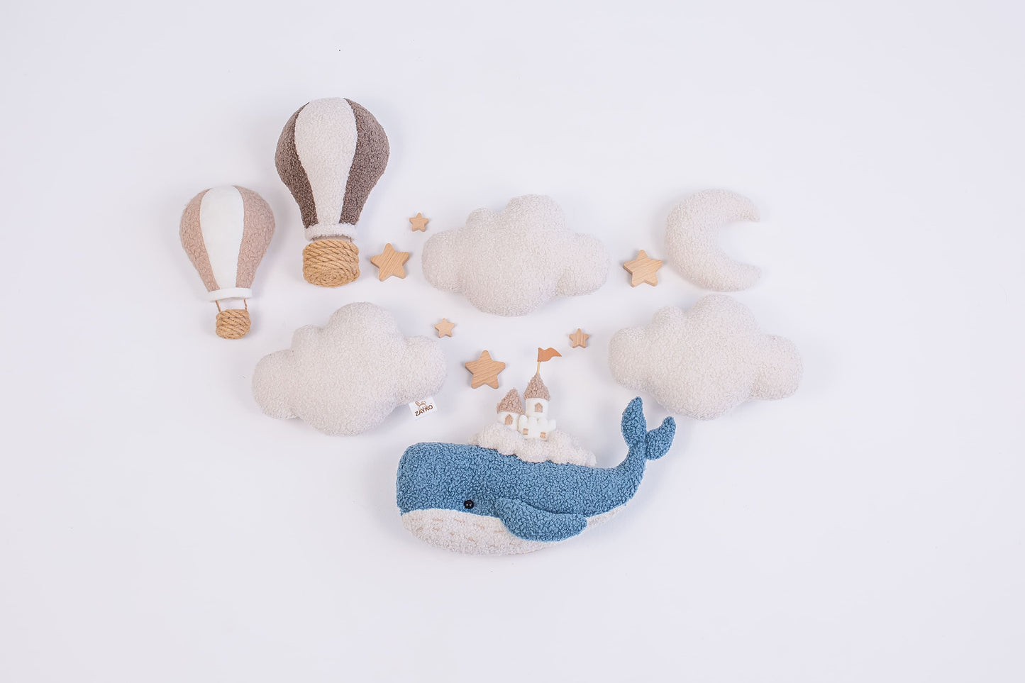 Whale Nursery Wall Decor Set with Cloud Lights and Hot Air Balloons