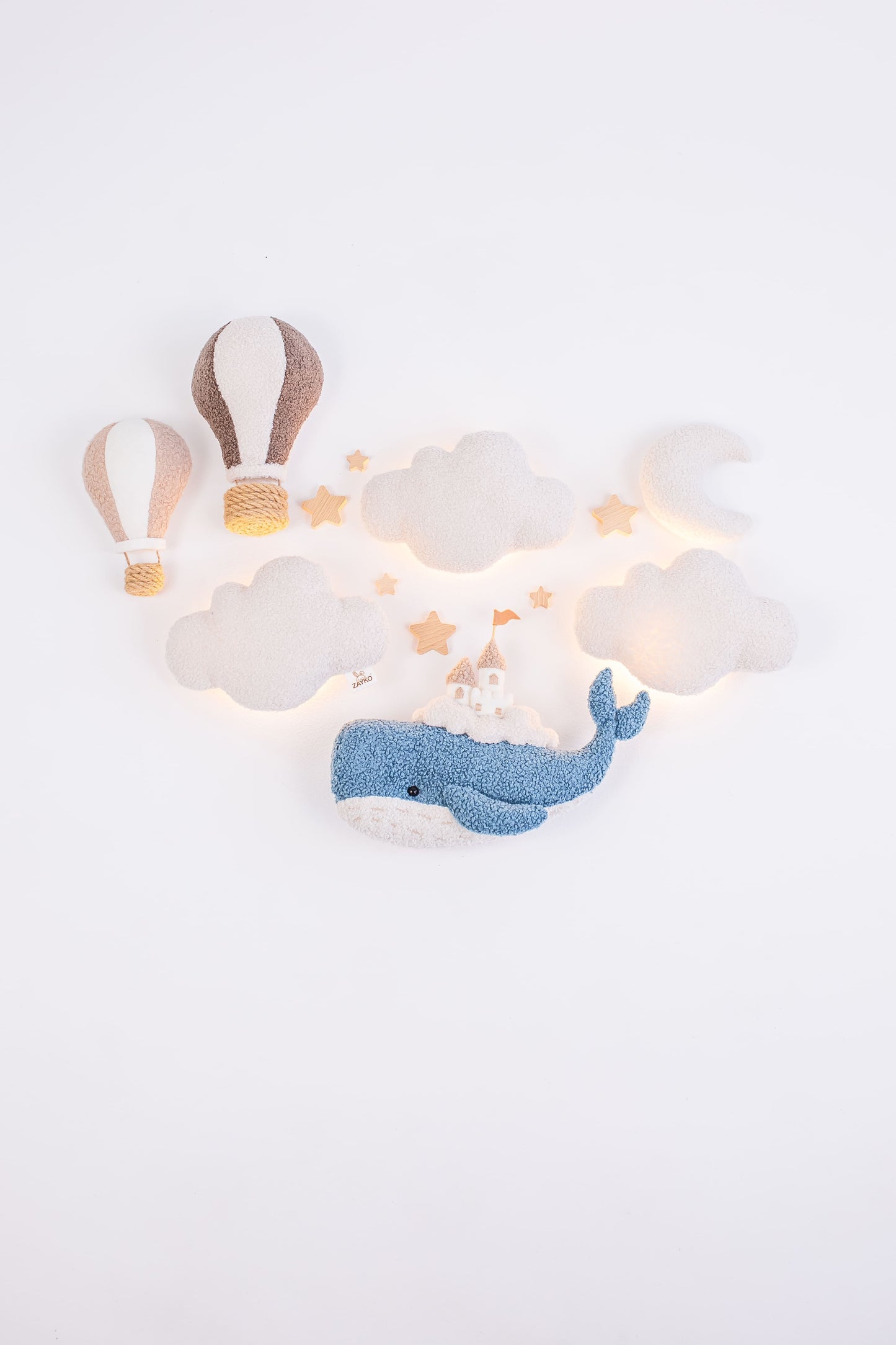 Whale Nursery Wall Decor Set with Cloud Lights and Hot Air Balloons