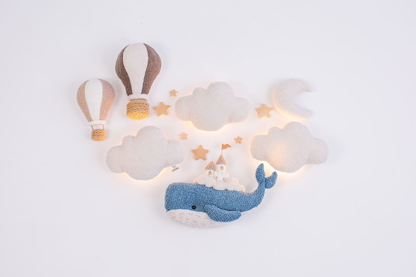 Whale Nursery Wall Decor Set with Cloud Lights and Hot Air Balloons