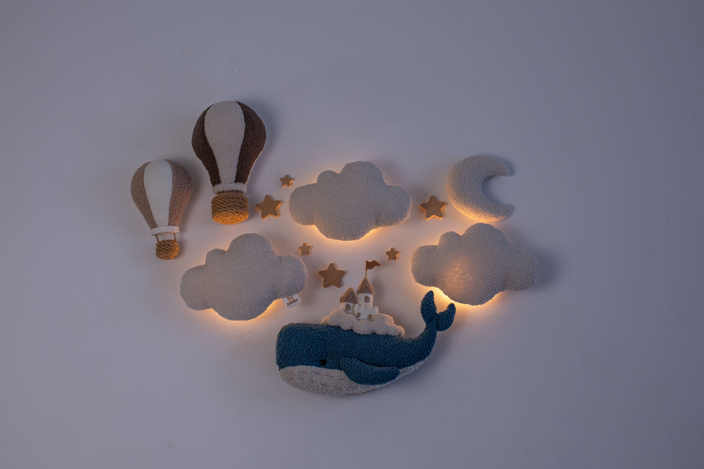 Whale Nursery Wall Decor Set with Cloud Lights and Hot Air Balloons
