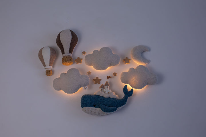 Whale Nursery Wall Decor Set with Cloud Lights and Hot Air Balloons